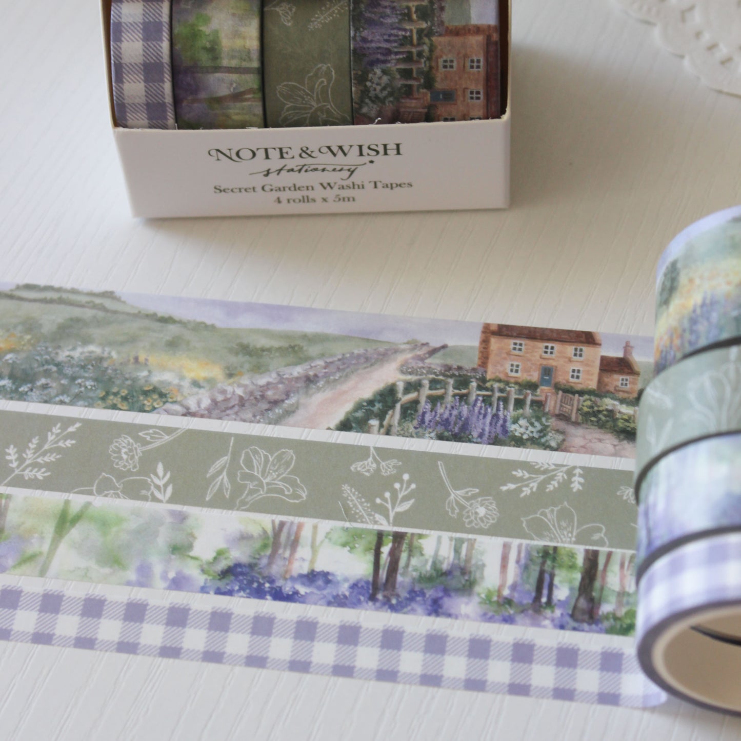Secret Garden watercolour washi tape gift set featuring bluebell woods and cottage garden designs in Note & Wish presentation box