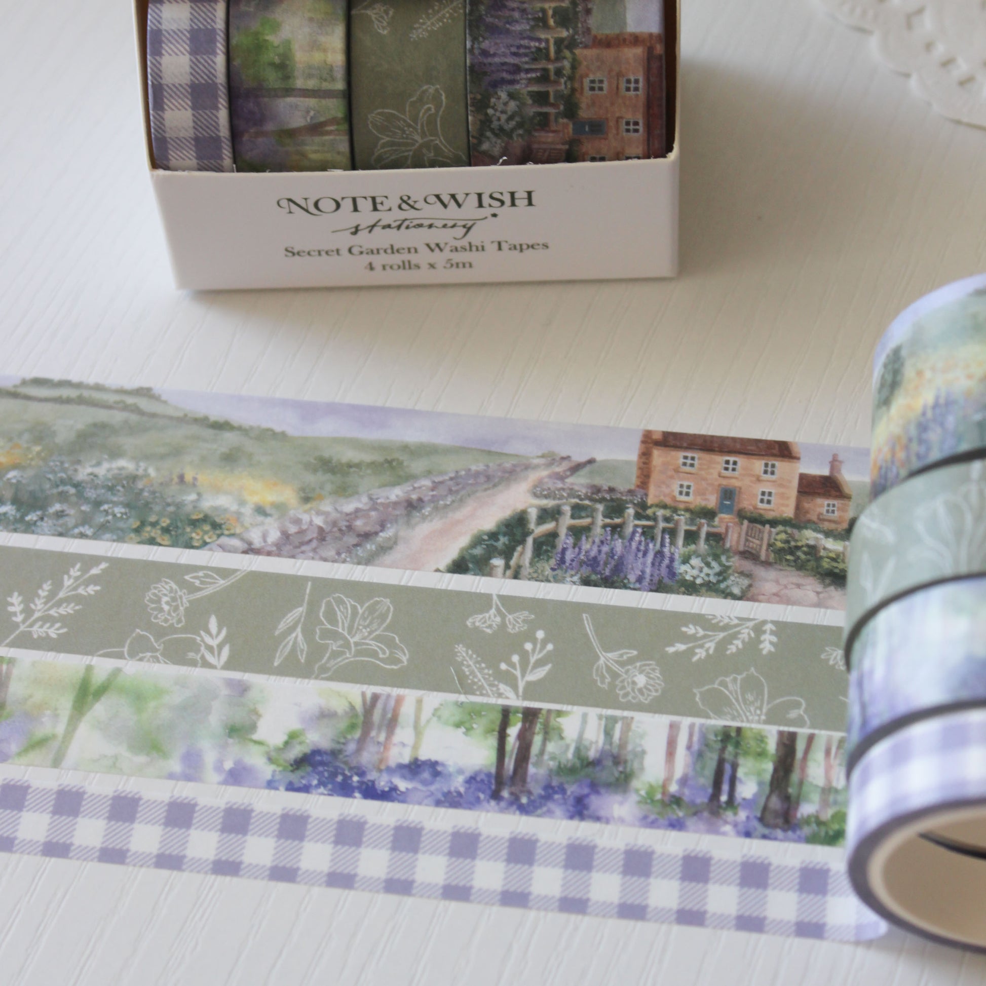 Secret Garden watercolour washi tape gift set featuring bluebell woods and cottage garden designs in Note & Wish presentation box