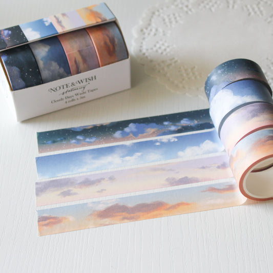 Cloudy Days Sky washi tape box set featuring four seasonal sky and sunset designs in note and wish presentation gift box