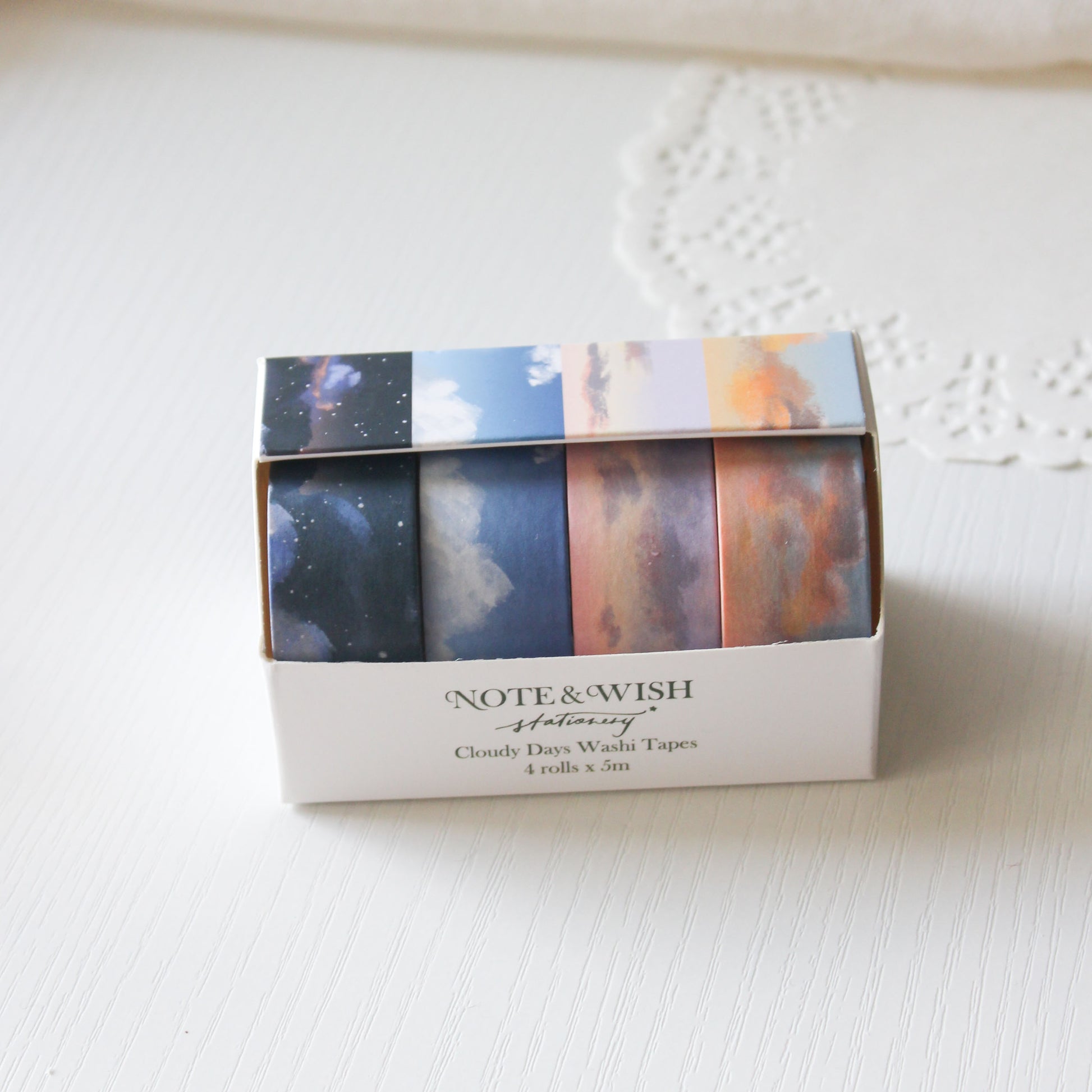 Pack of sky washi tapes on a white tape