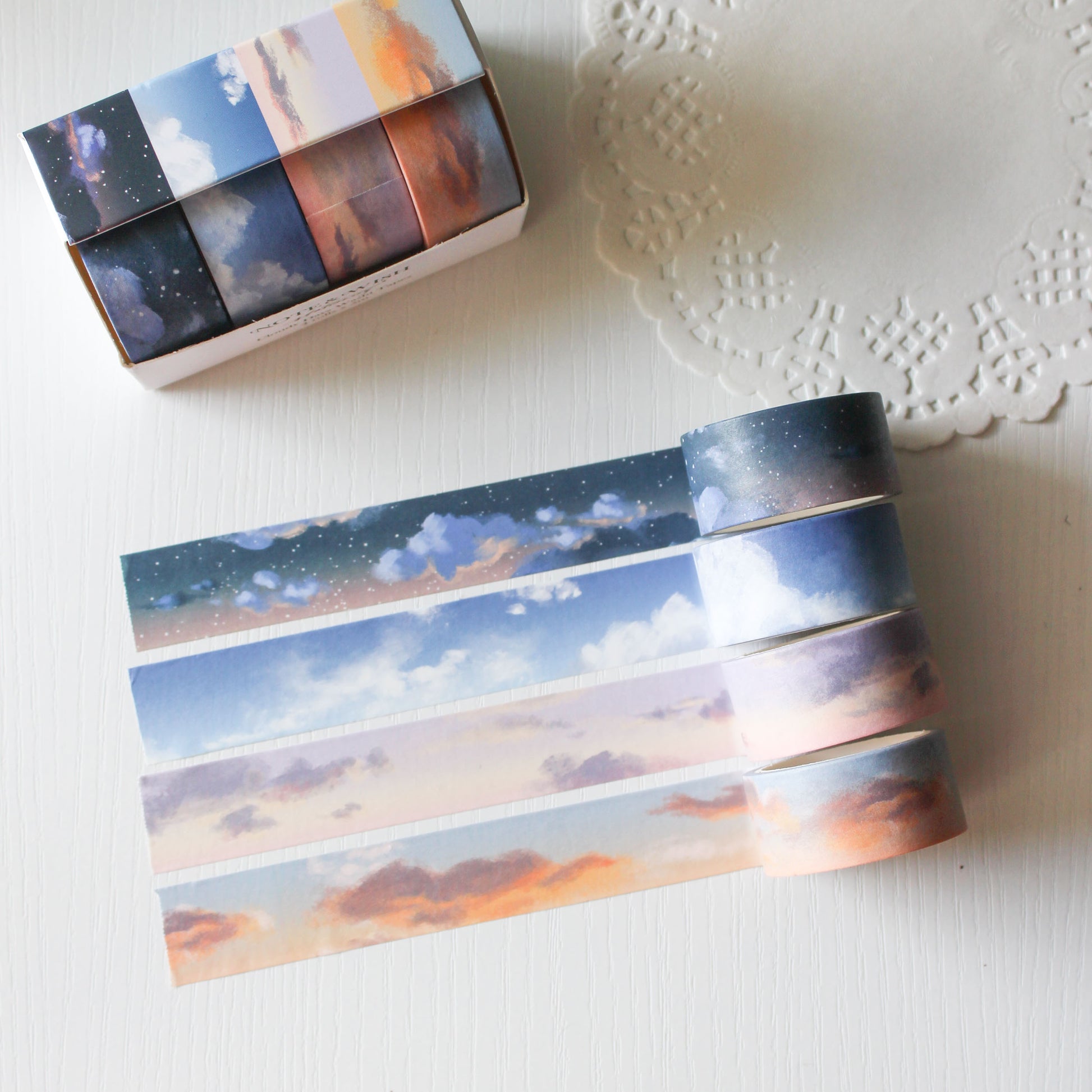 Cloudy Days Sky washi tape box set featuring four seasonal sky and sunset designs in note and wish presentation gift box