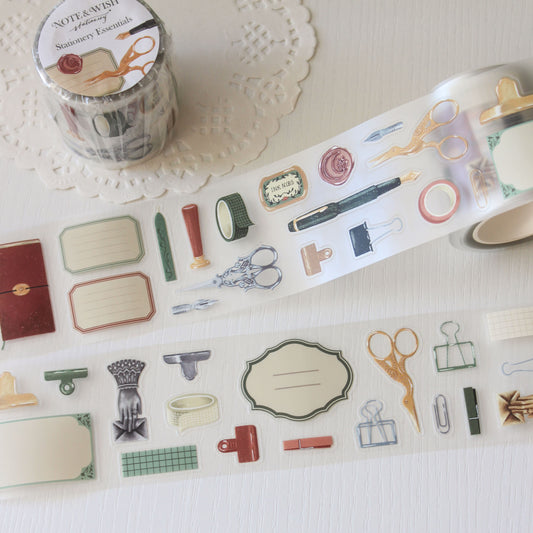 Stationery essential pre cut PET tape featuring hand-painted illustrations of vintage stationery such as wax seal stamps, fountain pens and ornate scissors. 