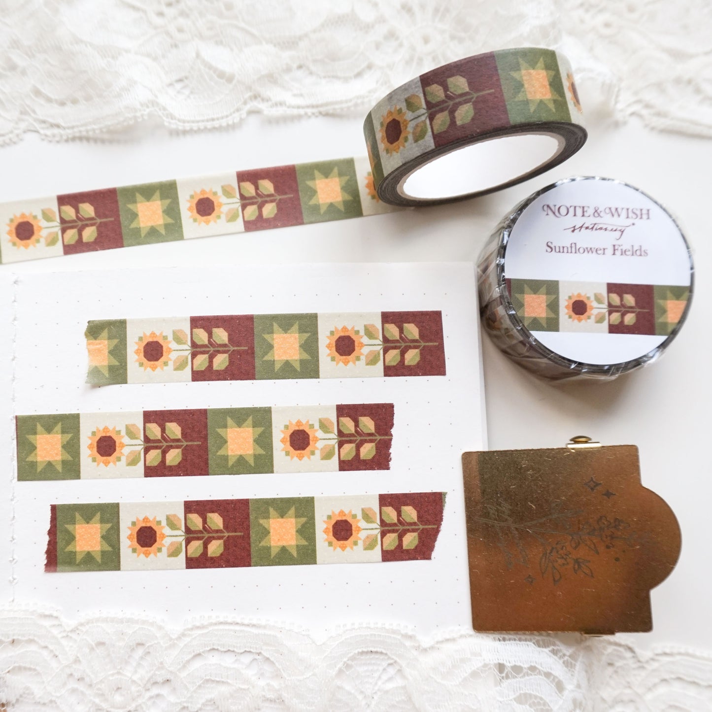sunflower washi tape features hand-drawn illustrations of sunflowers and stars s in a beautiful quilted style
