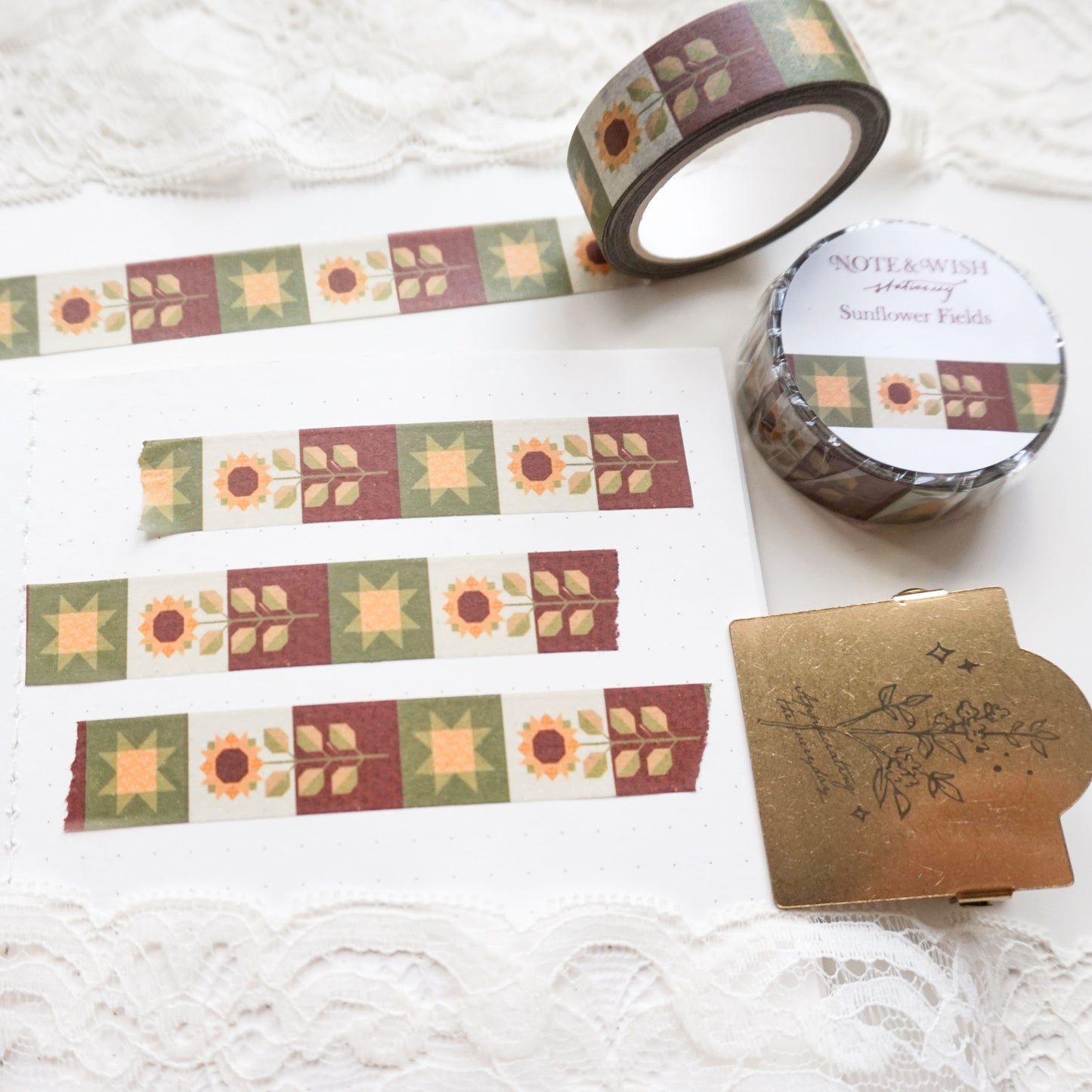 sunflower washi tape features hand-drawn illustrations of sunflowers and stars s in a beautiful quilted style
