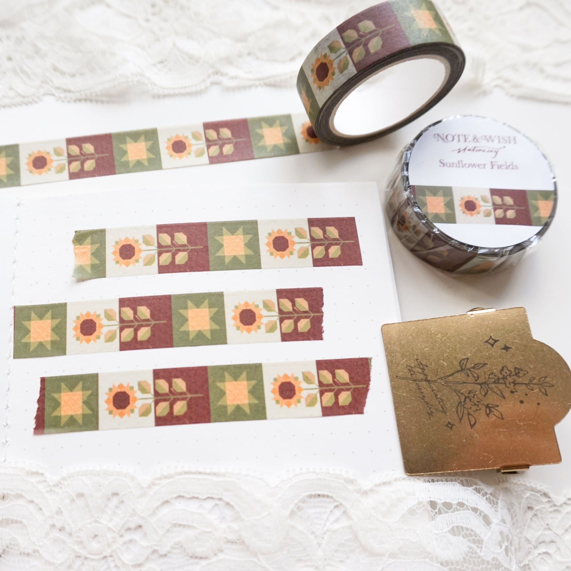 sunflower washi tape features hand-drawn illustrations of sunflowers and stars s in a beautiful quilted style