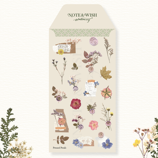 Pressed Petals vintage botanical PVC sticker sheet featuring camellias delphiniums and floral wax seals in purples and pinks