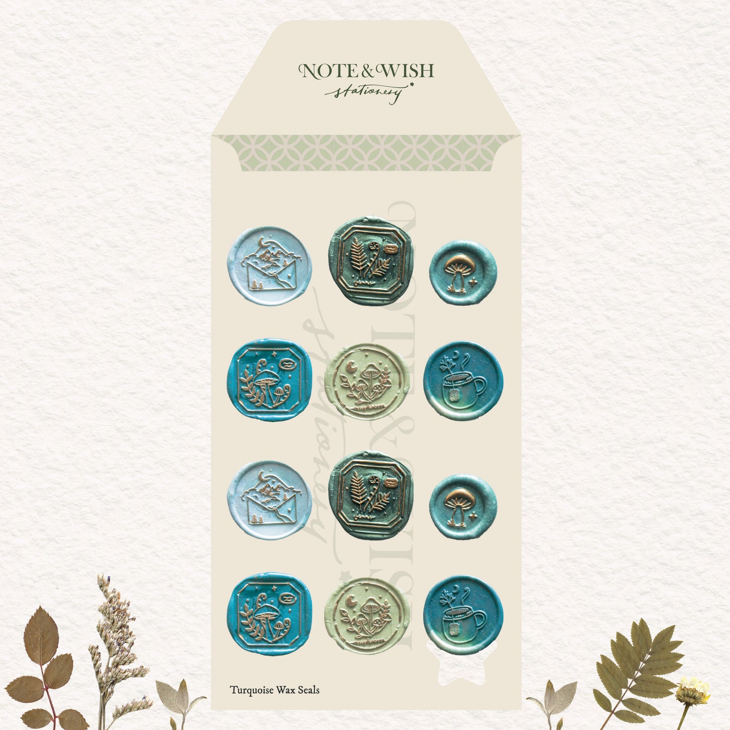 A sticker sheet featuring twelve circular wax seals in turquoise, teal, and sage green tones with vintage motifs like envelopes, cups, and flowers. 