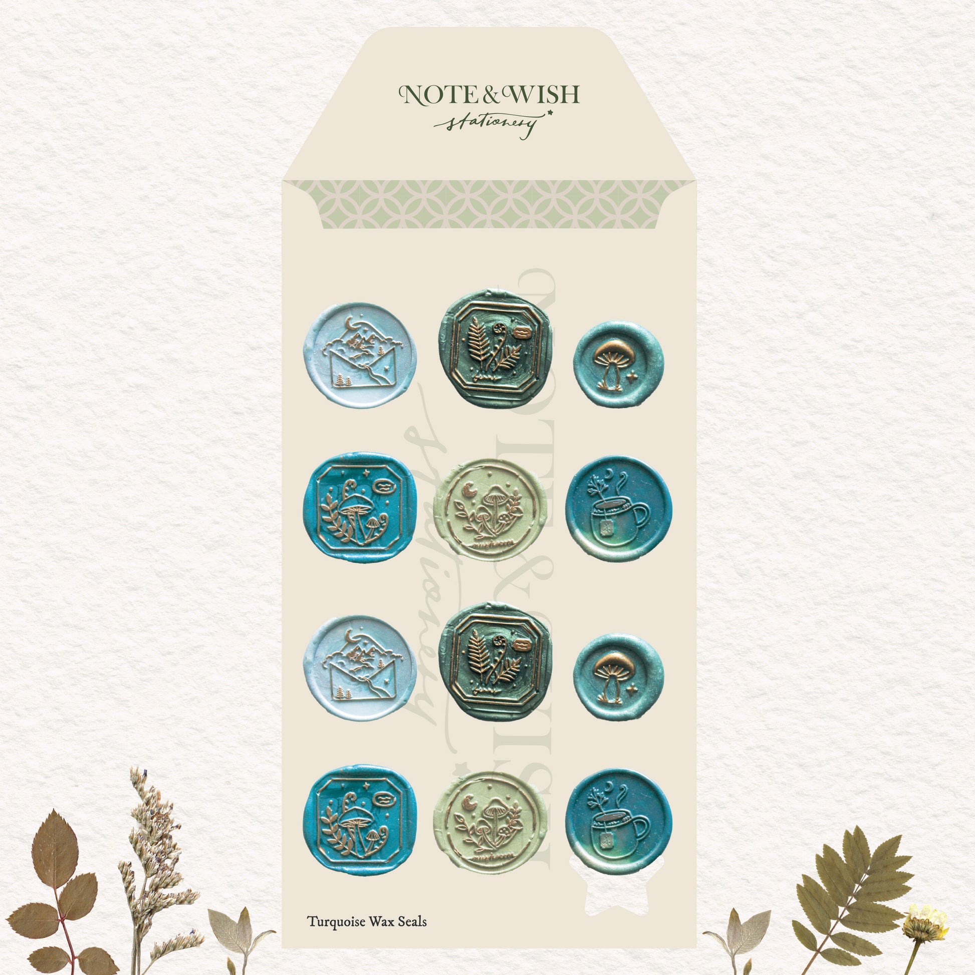 A sticker sheet featuring twelve circular wax seals in turquoise, teal, and sage green tones with vintage motifs like envelopes, cups, and flowers. 