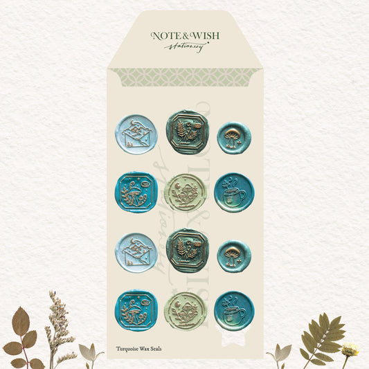 A sticker sheet featuring twelve circular wax seals in turquoise, teal, and sage green tones with vintage motifs like envelopes, cups, and flowers. 