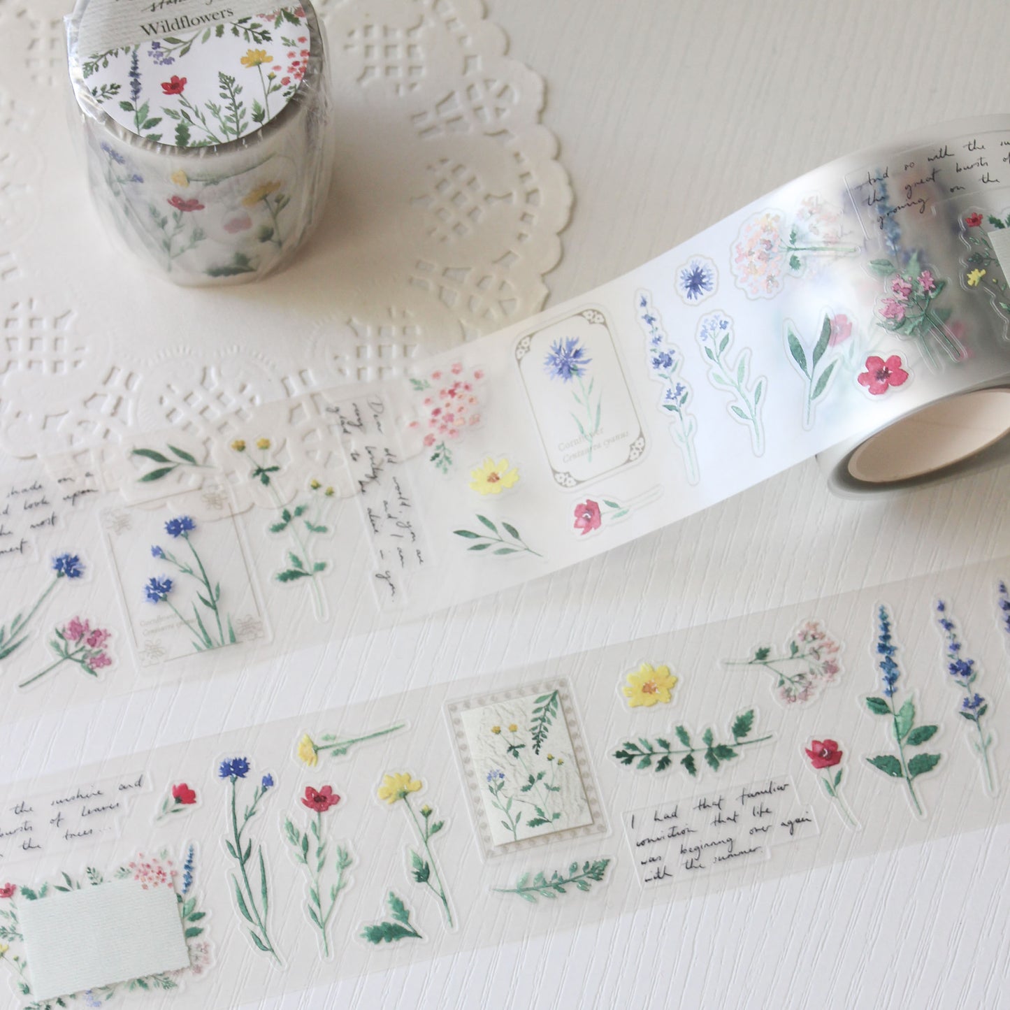 Pre-cut wide wildflower PET tape with hand-painted watercolour illustrations. 