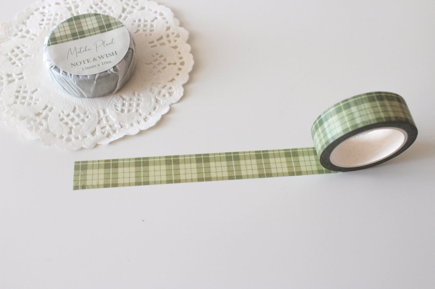 Plaid Washi Tape Set, Dark Brown Oat Cream Matcha Green Note & Wish Washi Set