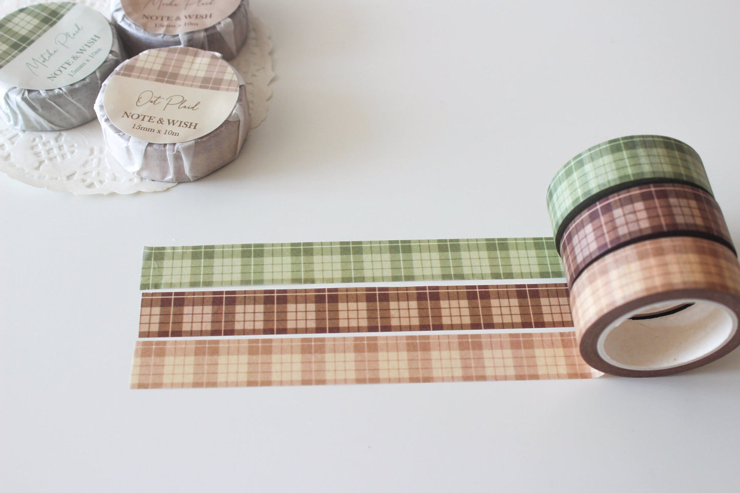 Plaid Washi Tape Set, Dark Brown Oat Cream Matcha Green Note & Wish Washi Set