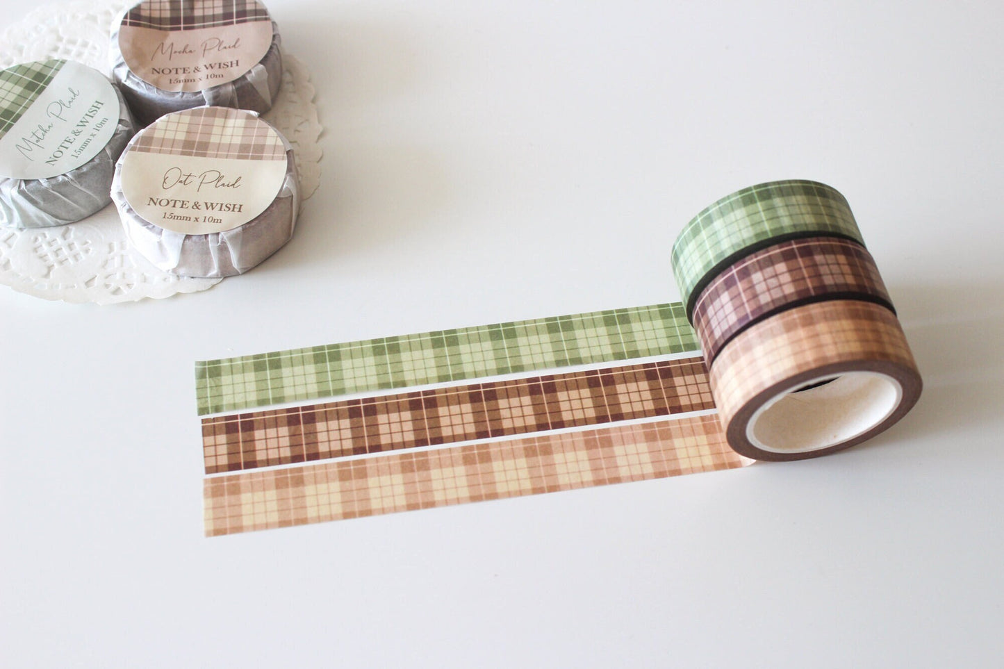 Plaid Washi Tape Set, Dark Brown Oat Cream Matcha Green Note & Wish Washi Set