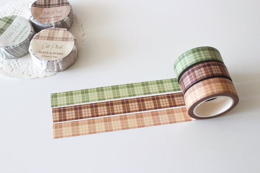 Plaid Washi Tape Set, Dark Brown Oat Cream Matcha Green Note & Wish Washi Set